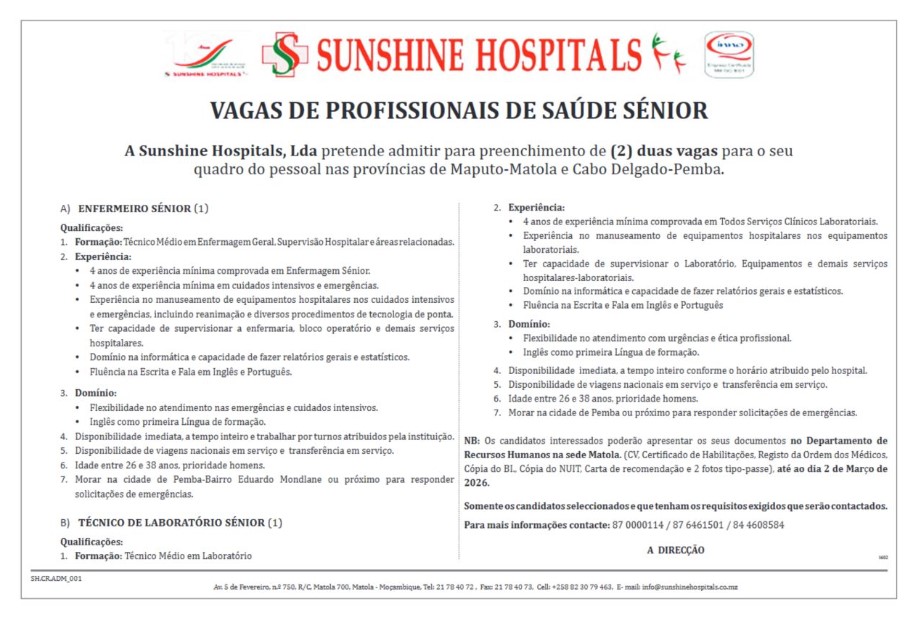 Vagas – (1)  Enfermeiro Sénior e  (1)Técnico de Laboratório Sénior